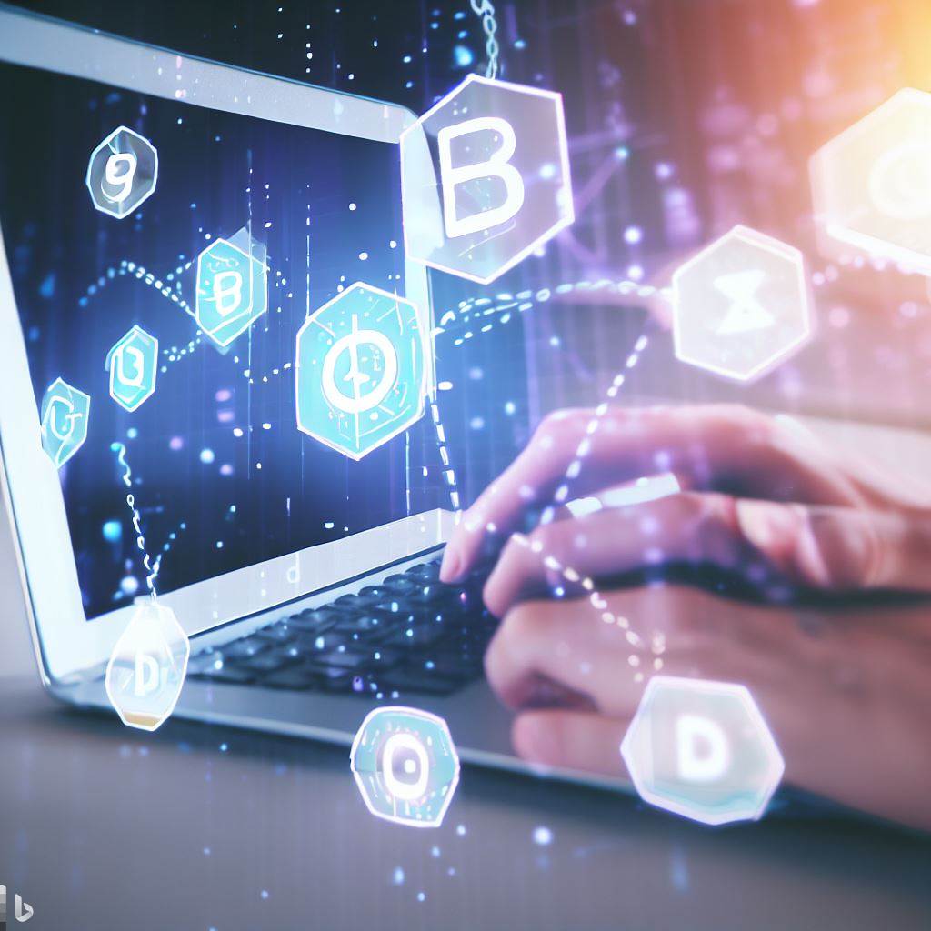 A person using a laptop with blockchain icons on the screen
