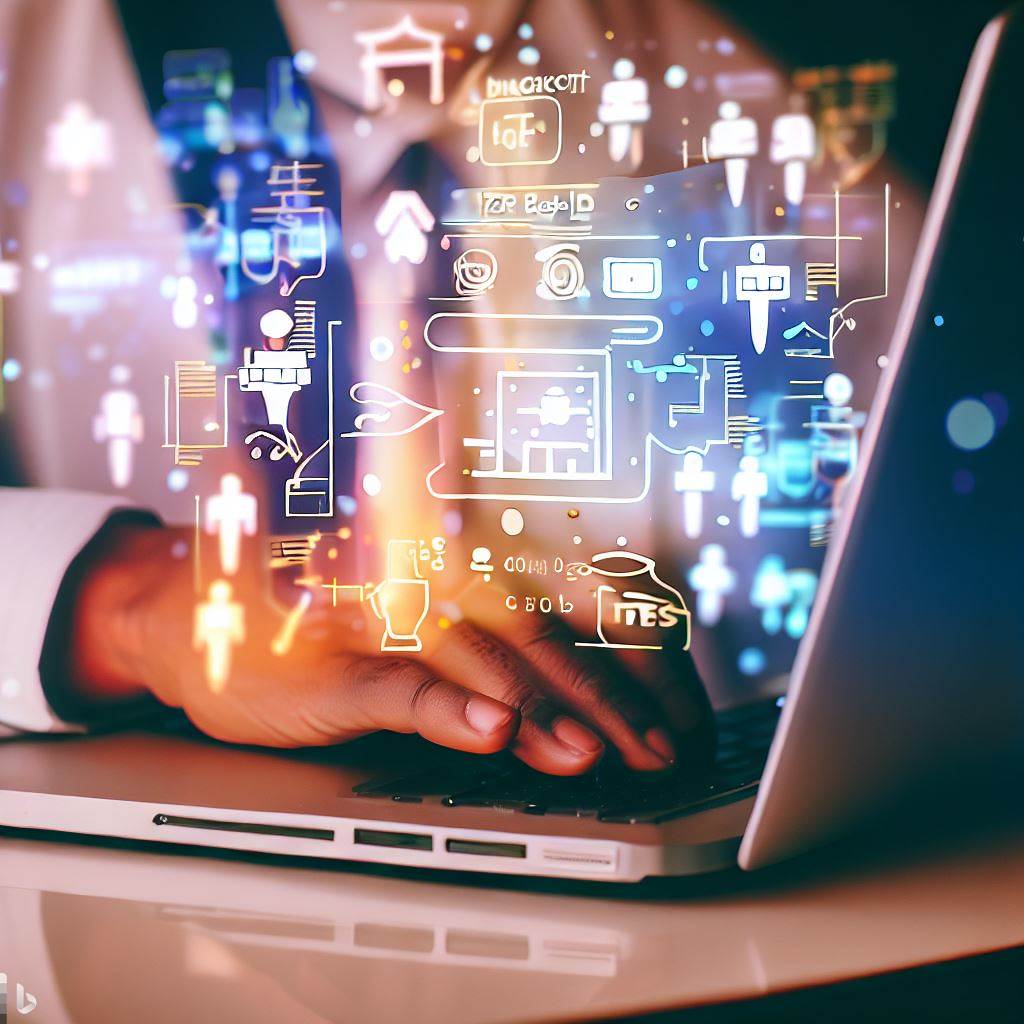 A person using a laptop with data science icons on the screen